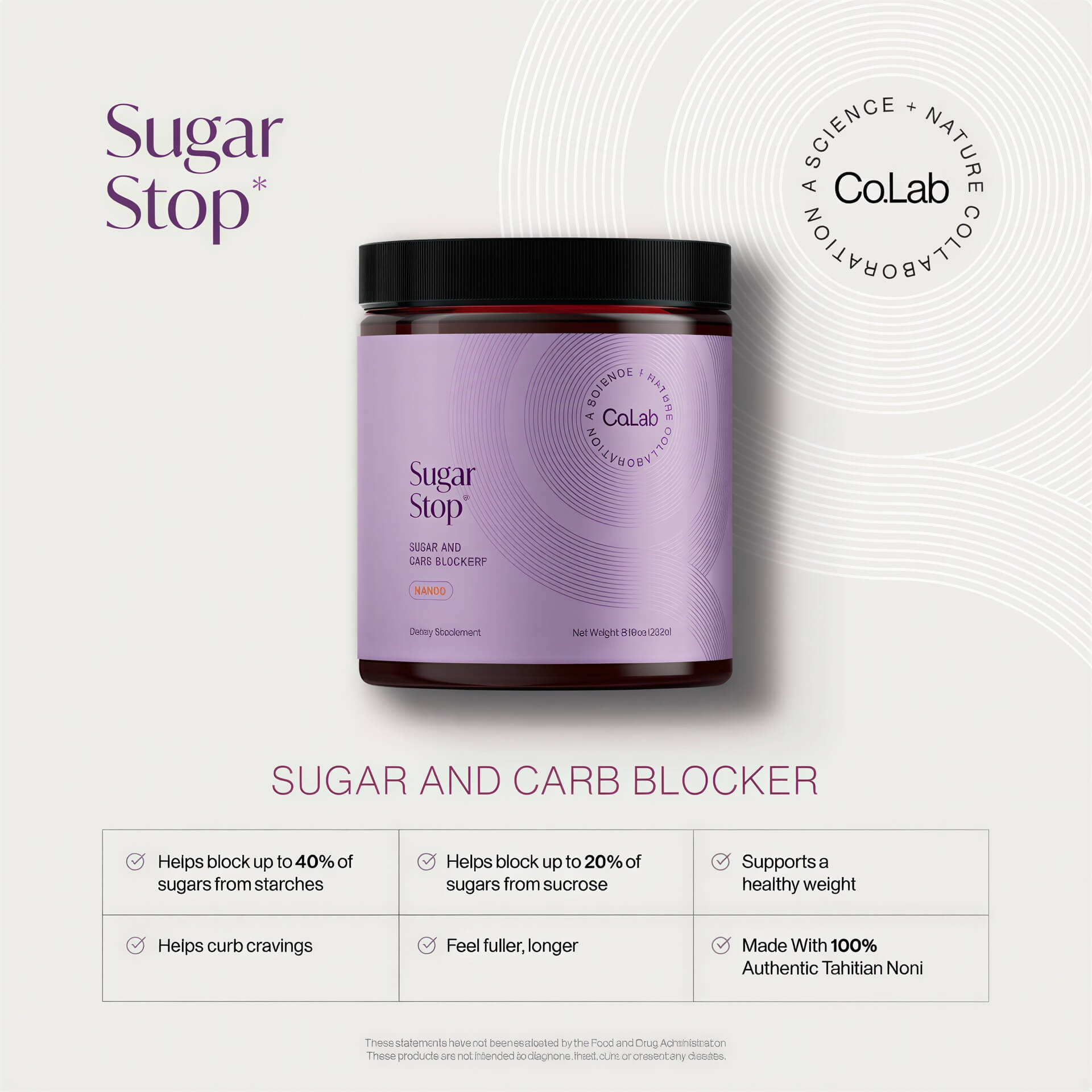 Sugar Stop herbal supplement jar in purple packaging with white text, featuring benefits for sugar and carb blocking.